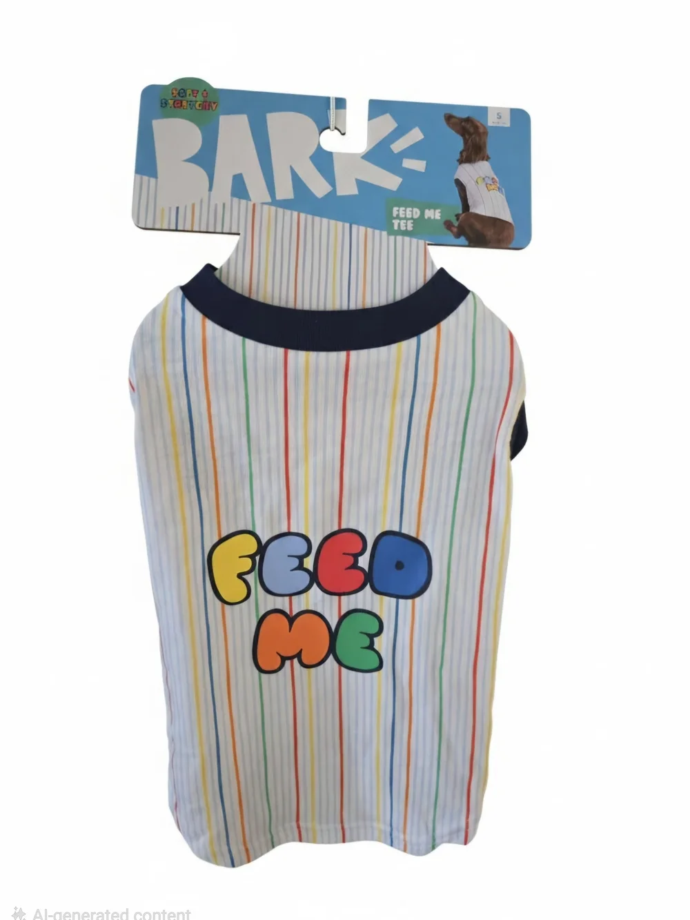 NWT Bark White Striped Dog Tee with Multicolor 'Feed Me' Print and Navy Trim